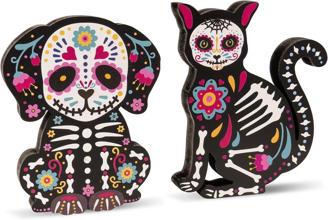 Wooden Day of The Dead Dog Cat Figurine, 2 Piece Dia De Los Muertos Ofrenda Altar Sugar Skulls Altar Table Decorations
